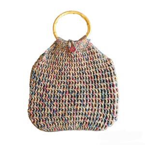 Vintage Crochet Boho Tote Bag with Bamboo Handles Handmade Knit Retro Purse
